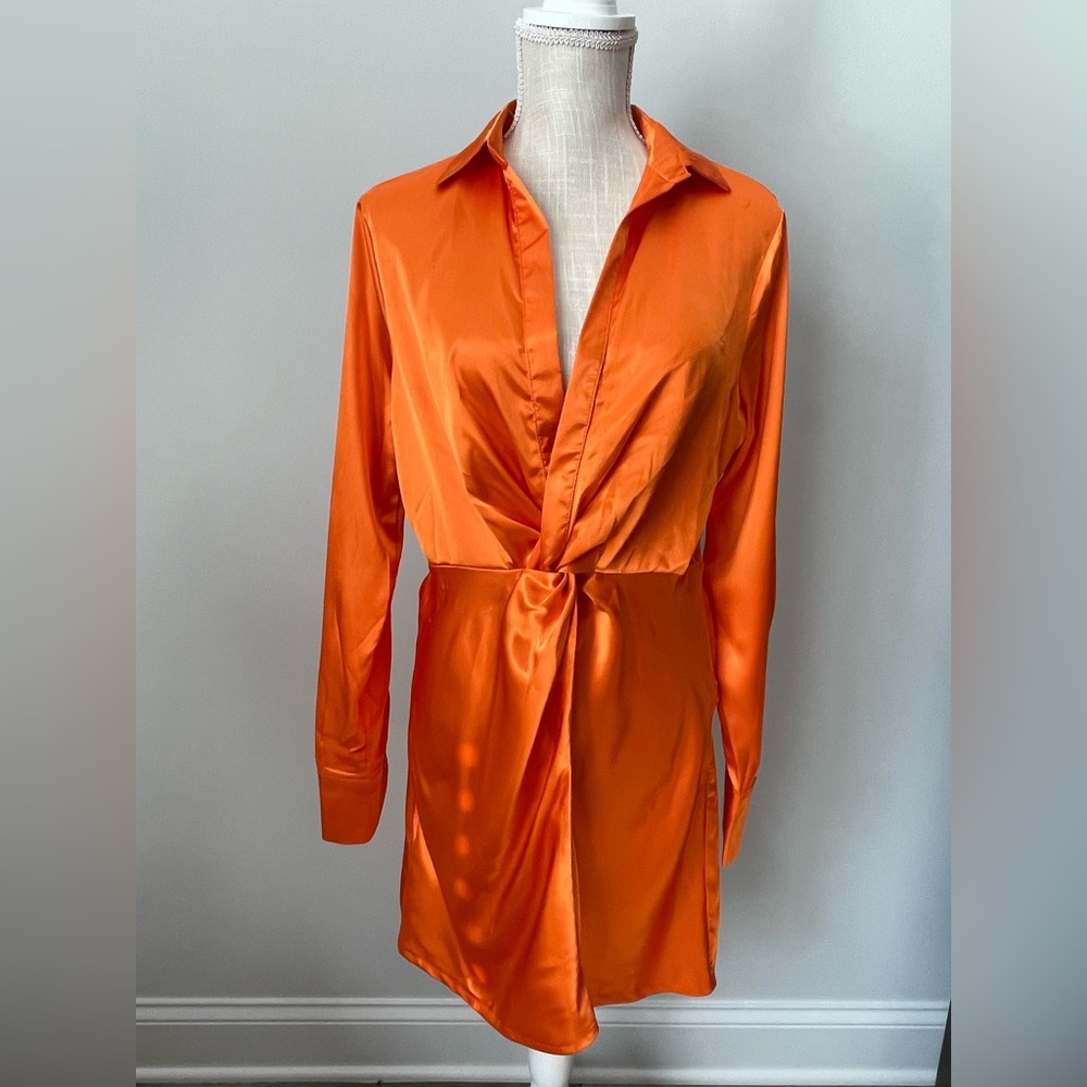 Vibrant Orange Satin Long Sleeve Mini Dress
